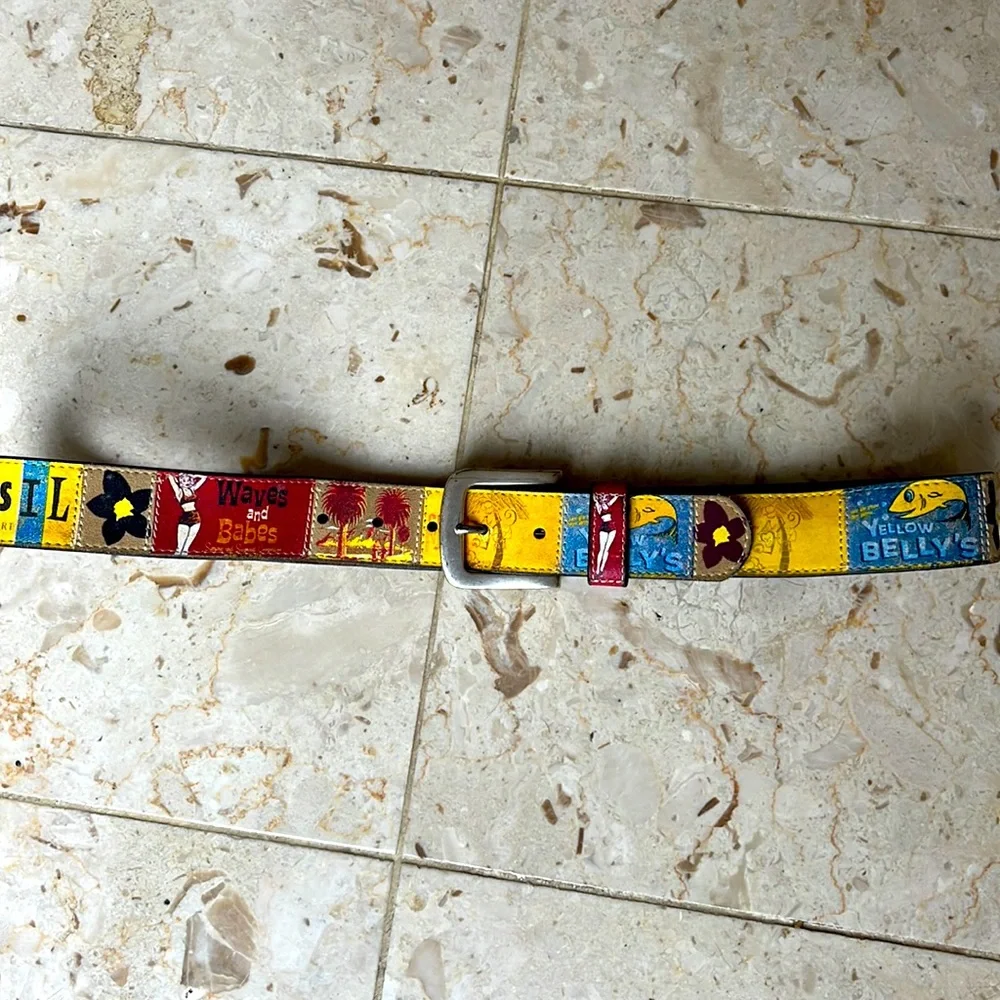 Fossil Multicolor Striped Logo Leather Belt - Red, Yellow, Blue, White